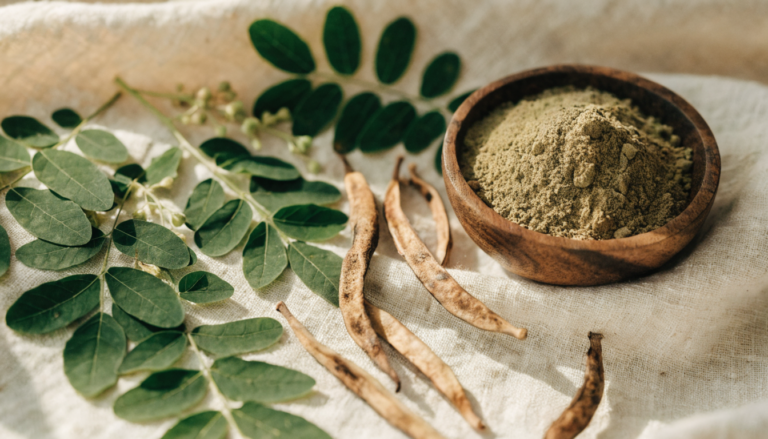 Feuilles et poudre de moringa dans un bol en bois